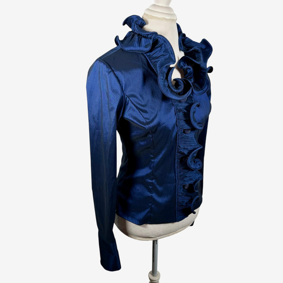 Samuel Dong Blue Satin Wired Ruffle Button Top Blouse Stretch Artsy Chic Size 8 - Picture 12 of 13